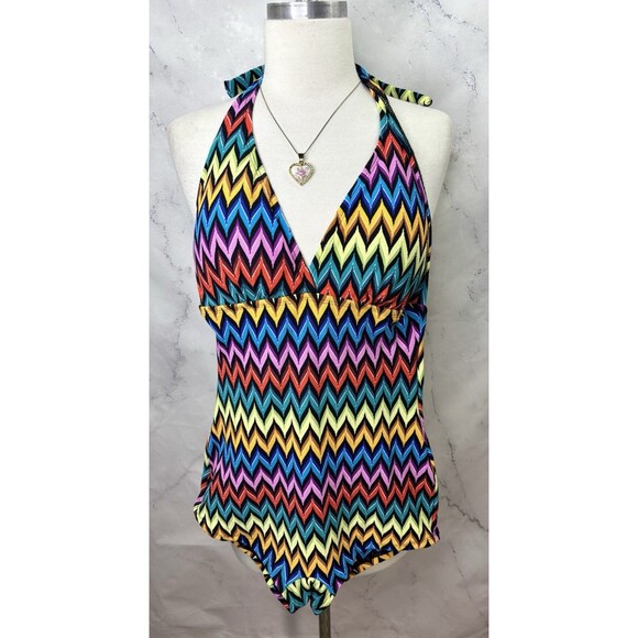 Vintage Popina Swim Swimsuit Halter SZ M Rainbow Chevron Pin Up Retro Women's - Picture 11 of 12